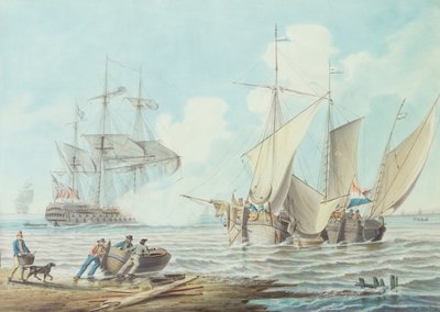 Pinks olandesi e una nave da guerra britannica al largo di una costa da George Webster